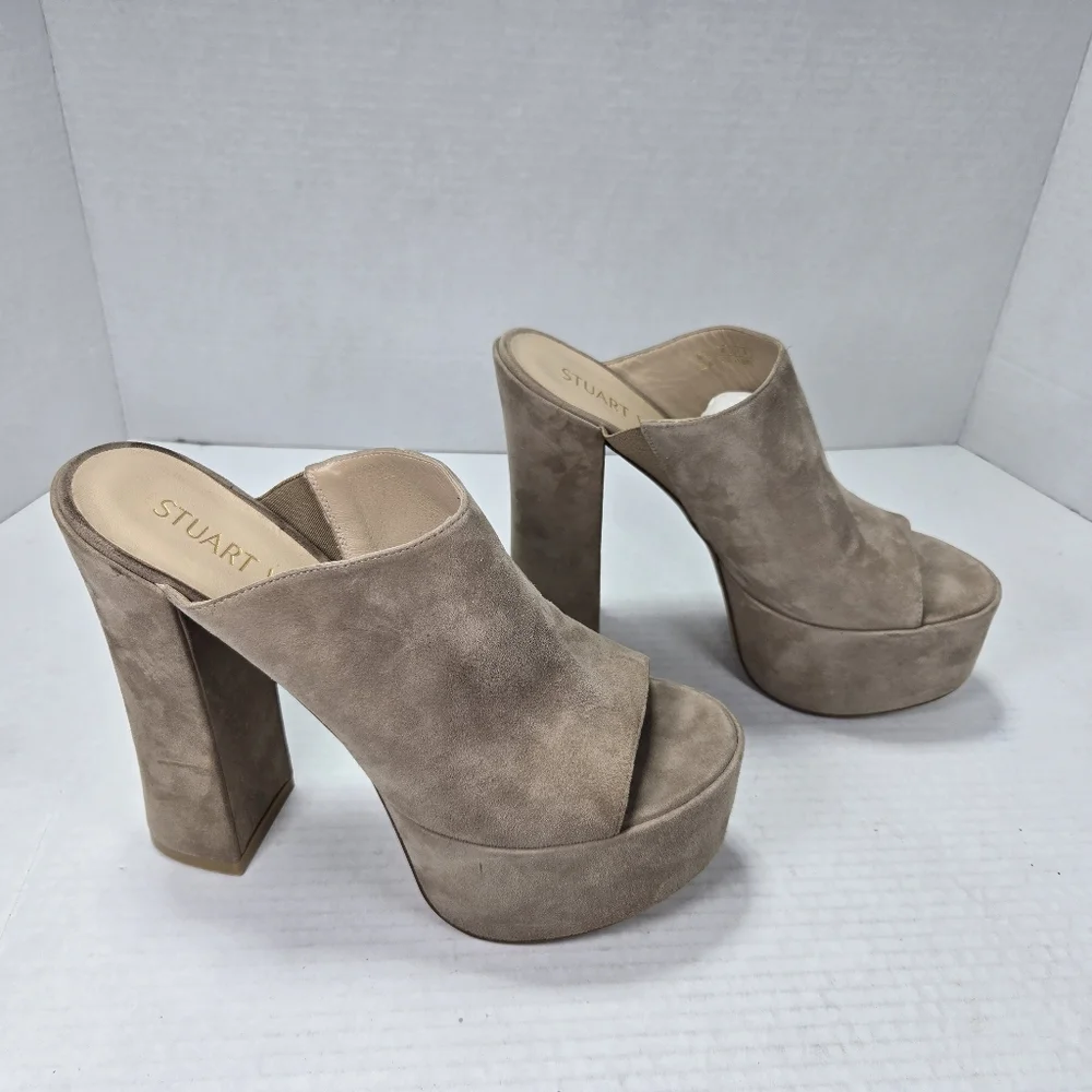 Stuart Weitzman Skyhigh 145mm Natural Tan Slide Platform Mules Size 9 1/2 M